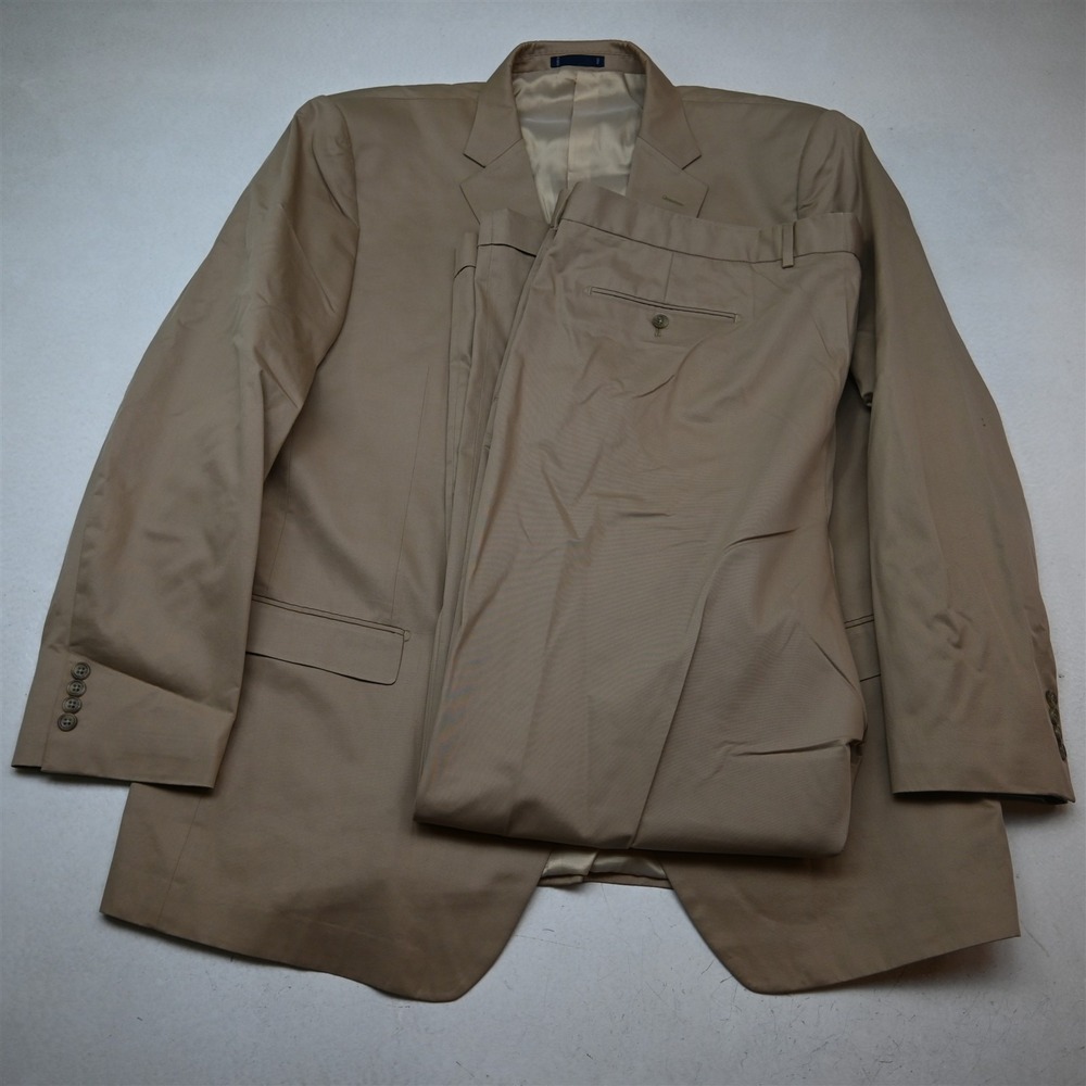 Paul Fredrick 52L 48x36 Khaki 100% Cotton Mens Jacket Pants Suit